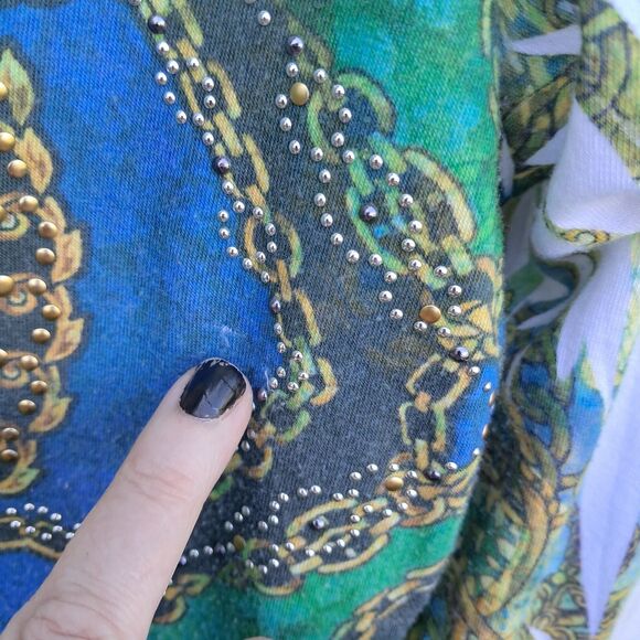 Cache Y2K XS Blue Chain Pattern Cold Shoulder Fairy Grunge Shirt Tunic Top Vtg - Picture 5 of 9